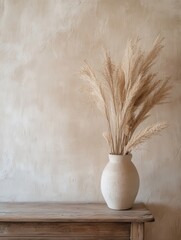 Modern Minimalist Ceramic Vase with Pampas Grass and Natural Elements on Rustic Wooden Console Against Textured Wall in Scandinavian Interior