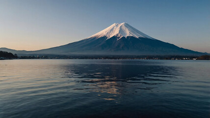 The image showcases Japan's iconic Mount Fuji, a snow capped volcano. It looms large against a clear blue sky, with a soft gradient near the horizon suggesting either dawn or dusk. 