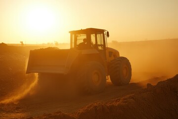 Fototapeta premium Construction Equipment Working at Sunset in Dusty Environment