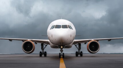 Commercial Passenger Airliner Sitting on Runway and Waiting for Takeoff During Cloudy and Overcast Weather Conditions at Airport