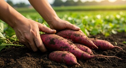 Harvesting Red Yams: Freshly dug yams in farmers hand from soil