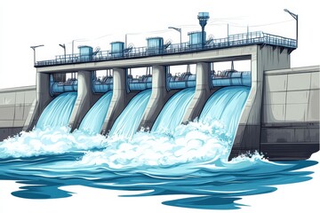Modern Hydro Power Plant with Water Flowing from Turbines