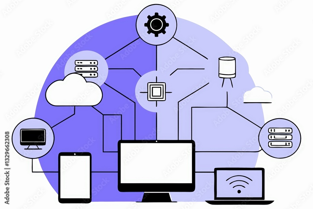 Poster the image illustrates a network of digital devices connected to cloud computing, featuring various t