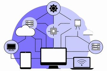 The image illustrates a network of digital devices connected to cloud computing, featuring various tech elements like servers and a processor.