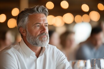 Obraz premium Thoughtful man enjoys an evening dinner at a cozy restaurant with blurred lights in the background