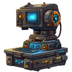 Fototapeta premium Retro-futuristic computer featuring a compact keyboard display screen and intricate mechanical details in shades of gray and blue.