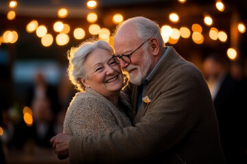 Senior couple enjoys a heartfelt embrace under twinkling lights during a joyful evening gathering in autumn