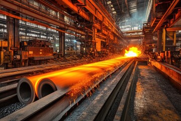 Fototapeta premium Dramatic Steel Production in Industrial Factory with Fiery Sparks