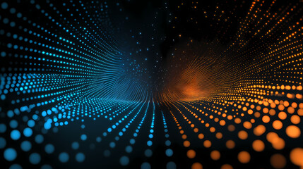 Abstract vibrant background with glowing blue and orange dots creating a perspective illusion of light rays converging in the center on a black backdrop. Glowing Symmetry. Illustration