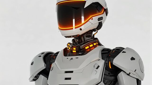 A robot with a helmet and orange lights on its face
