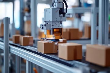 High-Tech Robotic Arm Handling Boxes on Automated Production Line