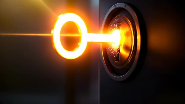 Glowing key unlocking opportunity in a dark safe.