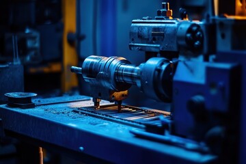 Fototapeta premium Industrial Lathe Machine in Workshop with Blue Lighting Effects
