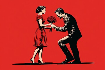 Naklejka premium illustration of a man wearing suit bending on one knee giving rose bouquet to a women, propose, proposal 