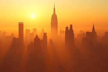 Fototapeta premium Misty sunrise cityscape with skyscrapers.