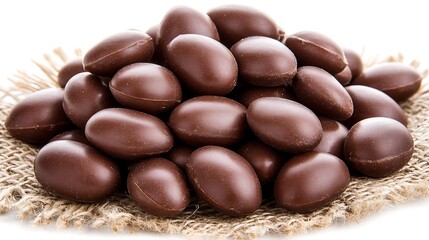 Chocolate Almonds stack on burlap, studio shot food