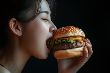 side view of an Asian women eating a burger with a wide mouth open