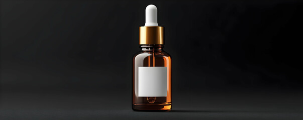 Naklejka premium Amber bottle, dropper, black background, product mockup