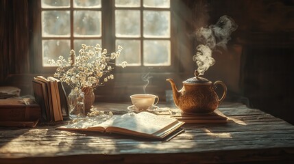 Warm Morning Tea by the Window Cozy Atmosphere Books and Flowers