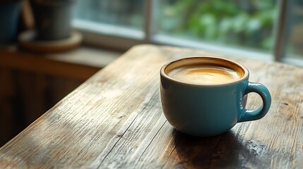 Blue cup of coffee on wooden table by window.