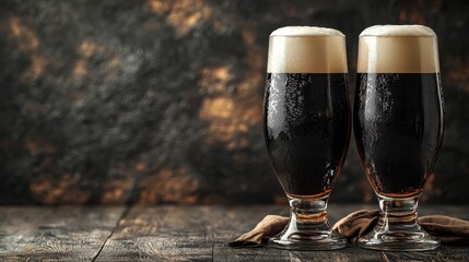 Two glasses of deep-bodied black beer presented in realistic photography aimed at celebrating artisan brewing culture
