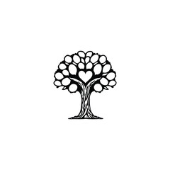 Tree of Life  icon  Symmetrical Heart Tree Vector: Minimalist Black-and-White Design with Rounded Canopy and Visible Roots