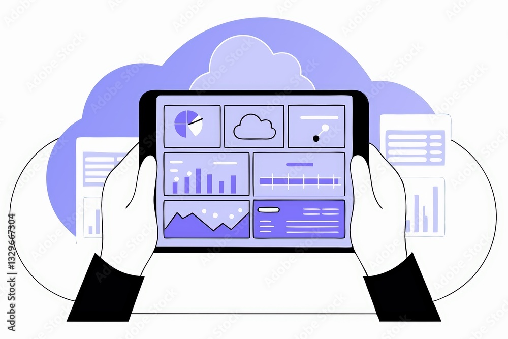 Poster a person holding a tablet displaying various data visualizations with a cloud background, emphasizin