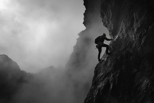 Dramatic black and white climber ascending steep rocky mountain fog grey mist peak risk sport image