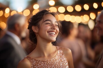 Obraz premium Vibrant celebration with joyful young woman smiling at a festive outdoor gathering during evening hours