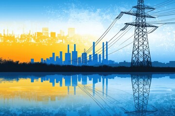 Fototapeta premium Urban Landscape Sunset with Silhouette of Power Lines and Reflection