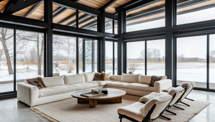 Modern living room with large windows overlooking snowy landscape.