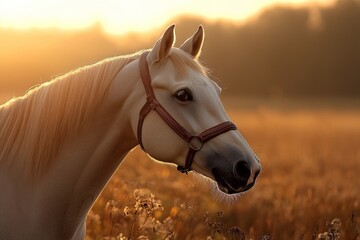Obraz premium Majestic white horse stands against the golden sunset in a serene field