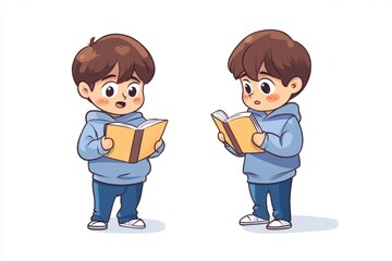 little boy is holding a book in both hands, opening the book and reading aloud