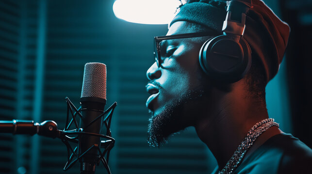 Artist recording music in studio setting.