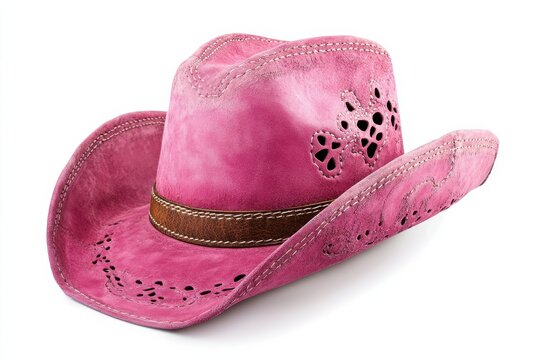 Intricate pink cowboy hat displayed against a white background