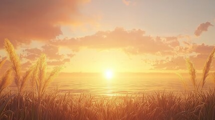 Serene Sunset Over Calm Ocean with Golden Grass