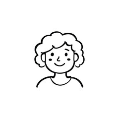 Woman avatar Minimalist Line Drawing: Cartoon Smiling Face with Curly Hair in Black and White Design