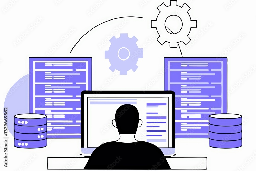 Poster a person working on a computer, surrounded by data and gears, symbolizing technology and programming