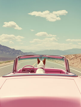 Dog Enjoying the Open Road in a Vintage Pink Convertible on a Scenic Highway