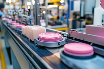 Modern Factory Production Line with Pink Containers in Motion