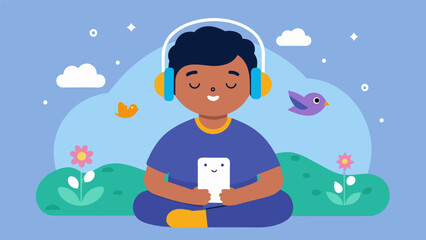 A storytelling app where children can listen to audio stories that incorporate mindfulness exercises and positive affirmations.. Vector illustration
