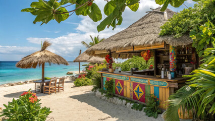 vibrant tropical tiki bar with thatched roofs, surrounded by lush greenery and beautiful beach. inviting atmosphere and stunning ocean view create perfect getaway