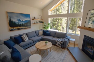 Modern living room with large windows, sectional sofa, fireplace, and mountain landscape art.
