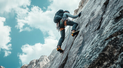 Climber ascending steep rocky mountain face under blue sky man risk view grey sport rocks nature