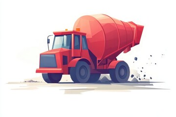 Bright Red Construction Truck with Cement Mixer in Urban Setting