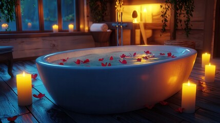 Tranquil Evening Bath Relaxation and Romance in a Rustic Bathroom