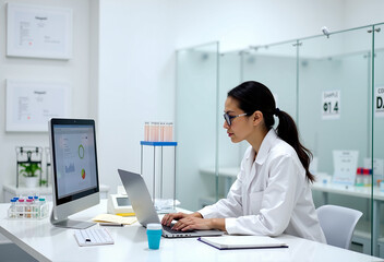 A quality control specialist analyzes data on a laptop in a modern laboratory for the production of dietary supplements