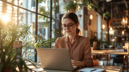 Fototapeta premium Professional Woman Working on Laptop in Modern Office