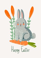 Happy Easter! Cute card of isolated cartoon elements, greeting infographics, pastel backgrounds. Digital illustration in flat style