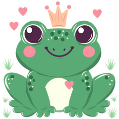 Cute frog princess with crown and hearts sitting in grass vector illustration isolated adorable toad fairytale animal love magic fairytale amphibian romantic wildlife nature green happy character